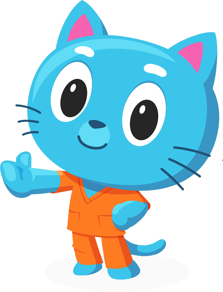 ella, a friendly blue cat in orange scrubs, waving hello